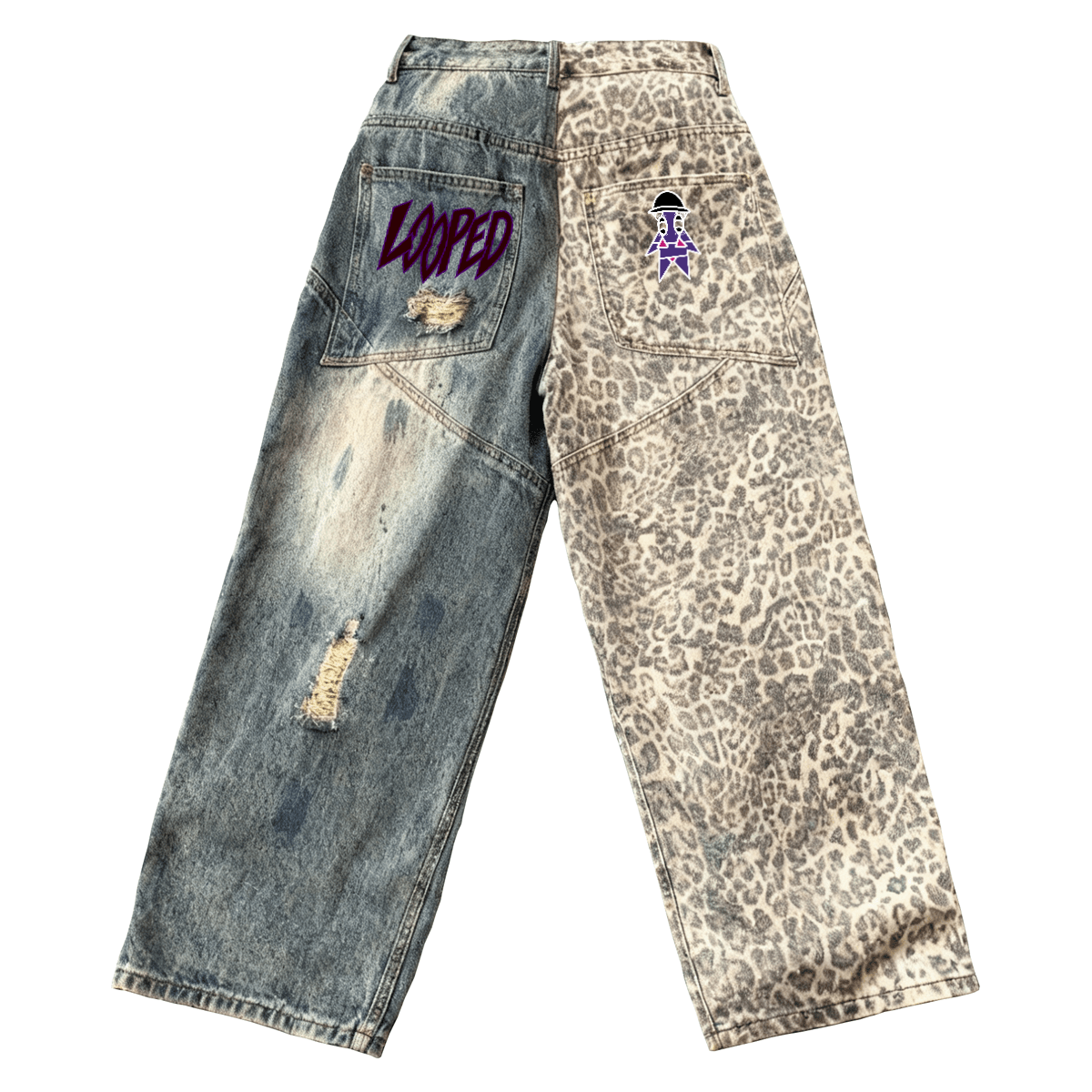 LOOPED limited half leopard print heavy weight jeans